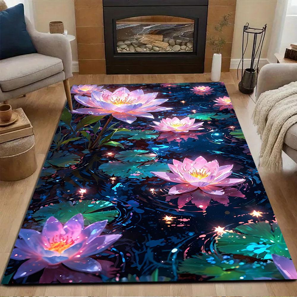 Mystical Pink Lotus On Sparkling Water Patterned Carpet, Non Slip Mat Suitable for Living Room and Bedroom Sofas