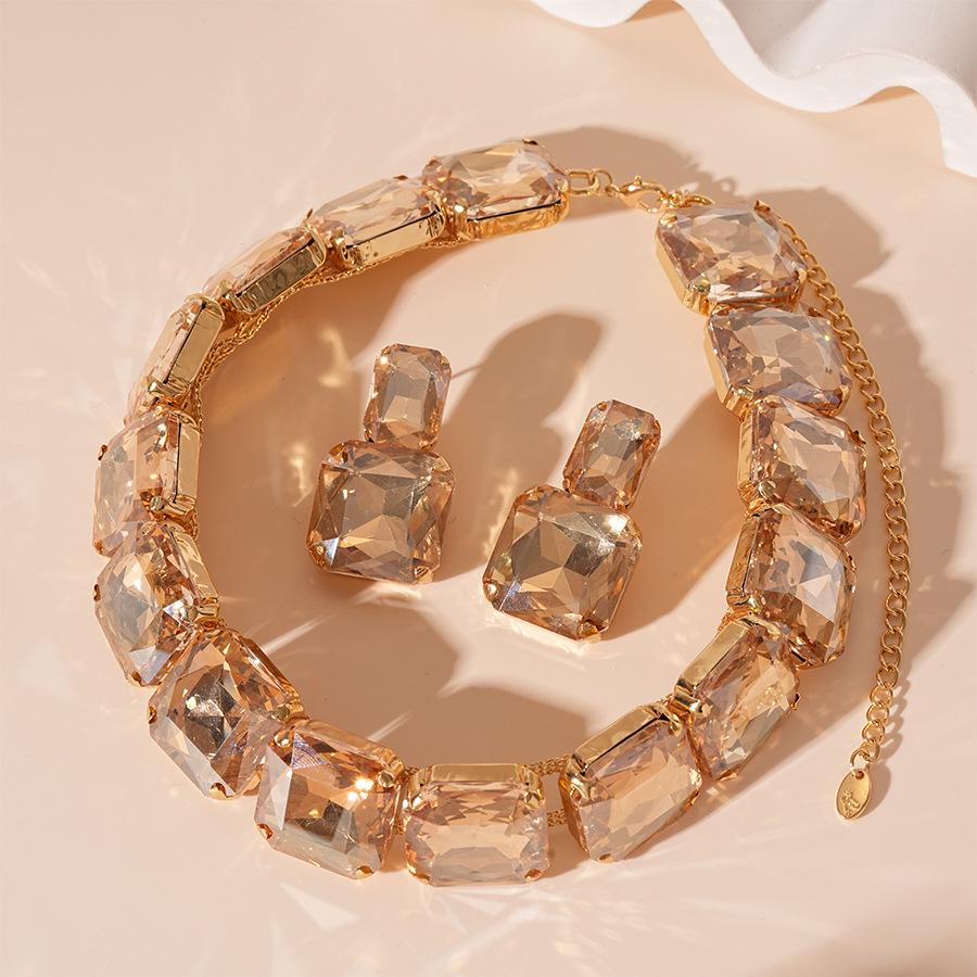 2-teiliges Set: Strass Quadratische Ohrstecker & Halskette – Europäisch/Amerikanisch Chic, High-End Luxus für Frauen