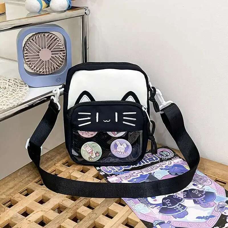 Y2K Cute Cartoon Cat Ita Crossbody Bag Mini Women Casual Shoulder Bags Kawaii Girls Transparent Pocket DIY Display Nylon Handbag