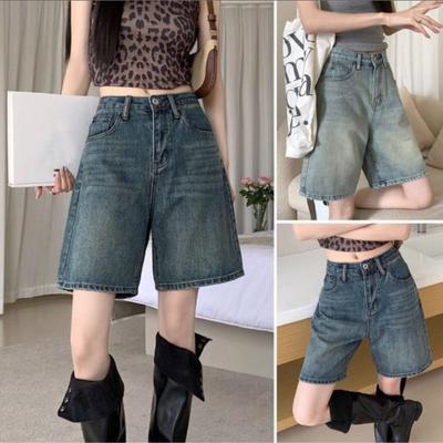 Pantalones Cortos Vaqueros para Mujer Cintura Alta Lavado Vintage Rectos Pierna Ancha Color Puro Cierre de Botón y Cremallera Ropa de Calle Largo hasta la Rodilla Jeans Pantalones Cortos Talla Grande