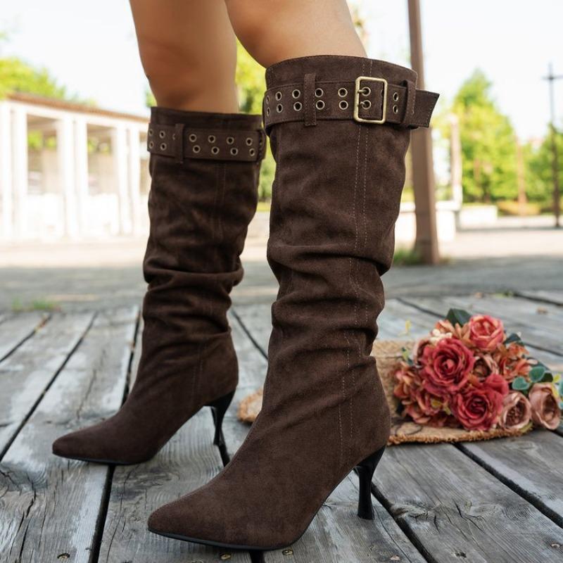 

Обувь больших размеров, Плиссированные туфли на высоком каблуке, Замшевые ботфорты, Новые женские туфли на тонком каблуке, Ботфорты 43 кофейный