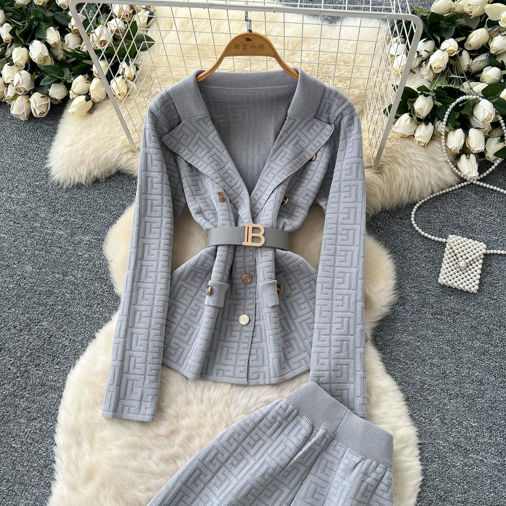 Herbst Winter Damen Vintage Designer Strickpullover Hose Zweiteiliges Set Blazerkragen Jacke Mantel und Weitbeinige Hose Trainingsanzug