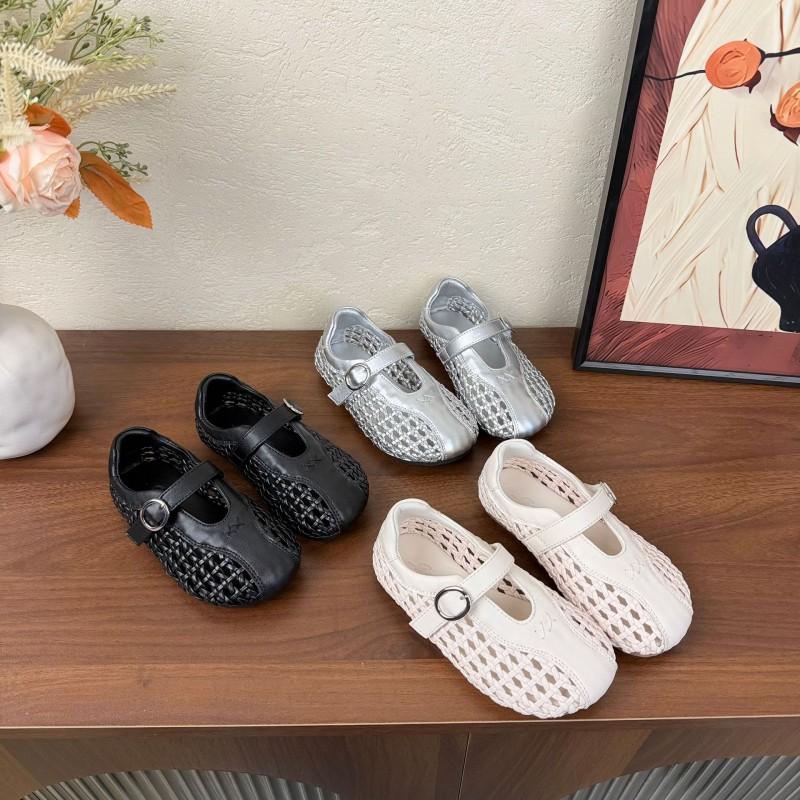 Youth Style Shoes Girls Mary Jane Flat Sandals With Cut-Out Woven Design Breathable Non-Slip Rubber Sole Kids Casual Shoes