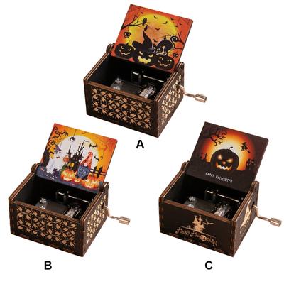 Halloween Eve Wooden Antique Engraved Musical Box Fright Night Musical Box Hand-Cranked Musical Box for Halloween Party