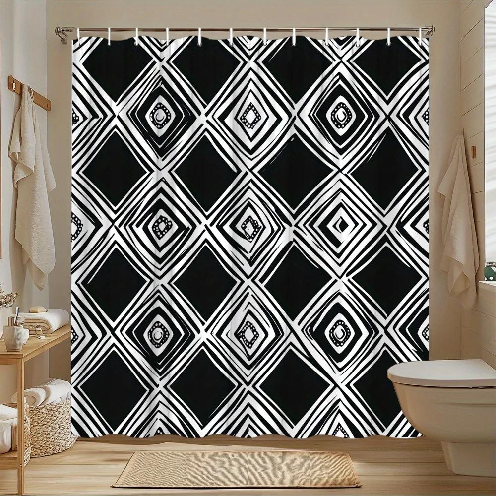 1pc Black & White Geometric Shower Curtain - Stylish Polyester Bathroom Decor with Overlapping Squares, Rectangles & Circles Des W90xH180cm
