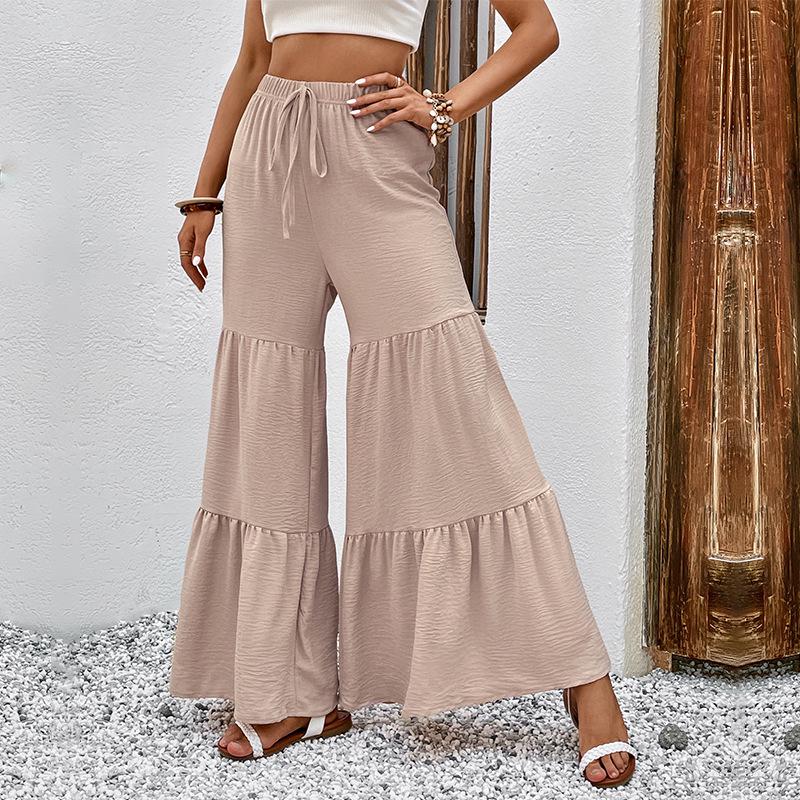 

2026 Summer Women s European & American Patchwork Bell Bottom Pants with Elastic Waist M абрикосовый
