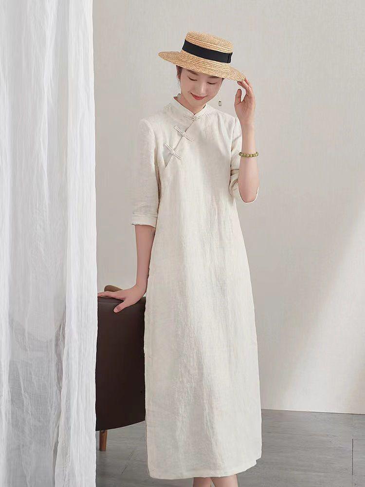 Pure Cotton & Linen-like Spring Summer Artistic Retro Solid Color Three-Quarter Sleeve Dress for Women - Modified Qipao Zen Tea Attire