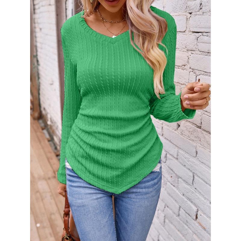 Women's Autumn and Winter Models Long-sleeved Irregular Slim V-neck Solid Colour Knitted T-shirt