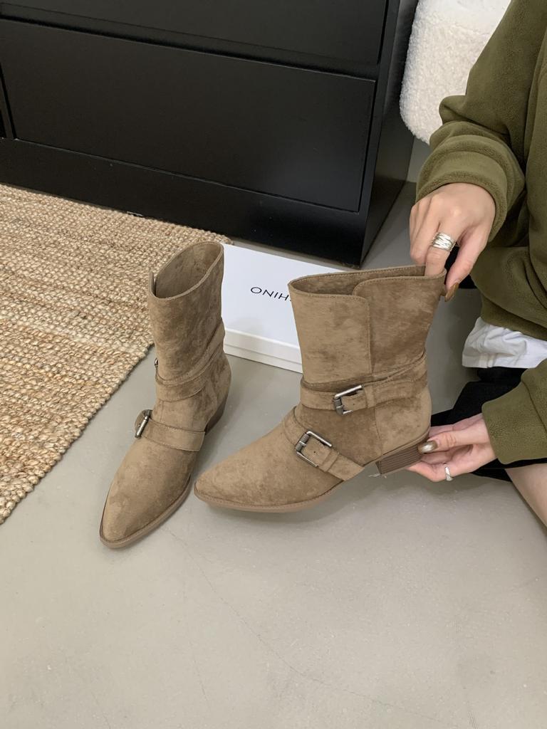 Korean Version Belt Buckle Thick Heel Folded Two Wear Short Boots Women's Autumn and Winter New Fashionable Temperament Denim Thin Short Boots