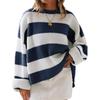 Women's Blue and White Stripe Loose Fit Long Sleeve Crew Neck Sweater