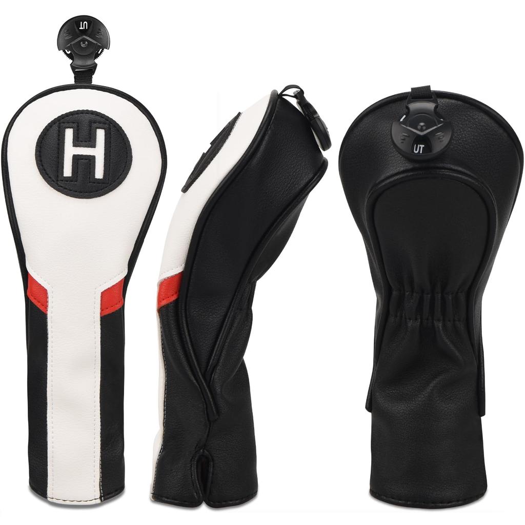 Set of 3 Golf Wood Headcovers (1FH) for Driver, Fairway Wood, and Utility Clubs, Simple Three-Piece Design, Black, White, and Red, Synthetic Leather