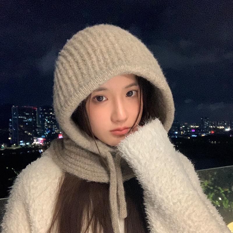 Autumn and Winter Hats for Women  One Piece Big Head Circumference Balaclava Hat Korean Versatile Windproof and Warm Wool Hat