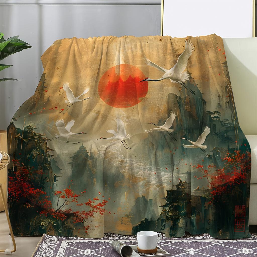 Vintage Japanese-Inspired Crane and Sunrise Print Flannel Throw Blanket - 100% Polyester, All-Season Comfort, Digital Printing,