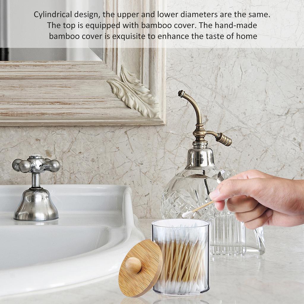 3Pcs 11.5 Oz Acrylic Qtip Dispenser Cotton Swab Holder Clear Qtip Dispenser Holder with Bamboo Lid Lightweight Bathroom Jar