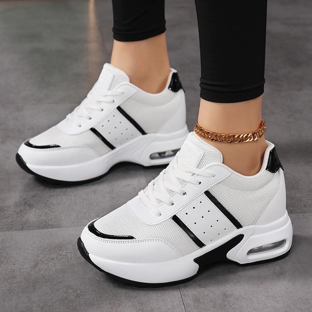 Sneakers Women Wedge Shoes Casual PU Leather Lace Up Anti-Slip Vulcanized Shoes Outdoor Breathable 4cm High Heel Platform Shoes