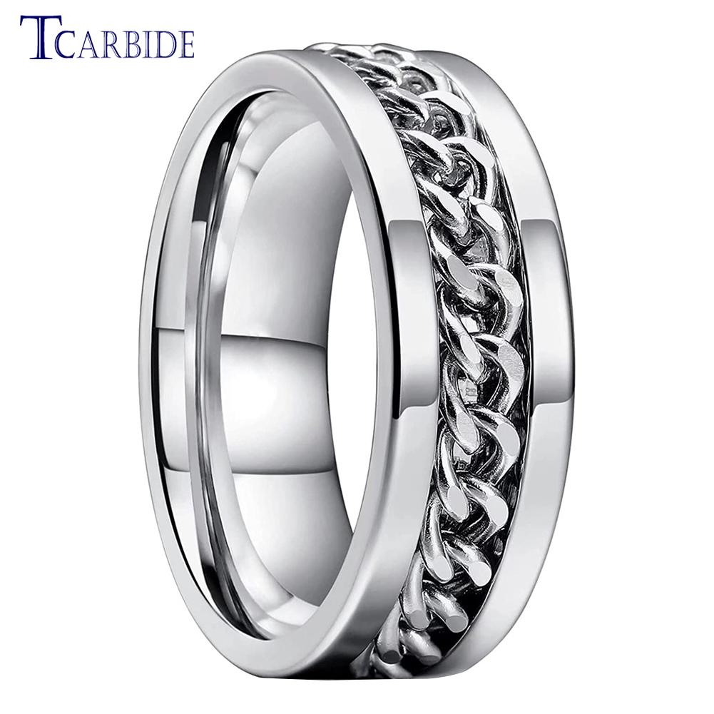 Dropshipping 8mm Black Blue Rotate Ring Men Women Fashion Stainless Steel Jewelry With Chain Inlay In Stock