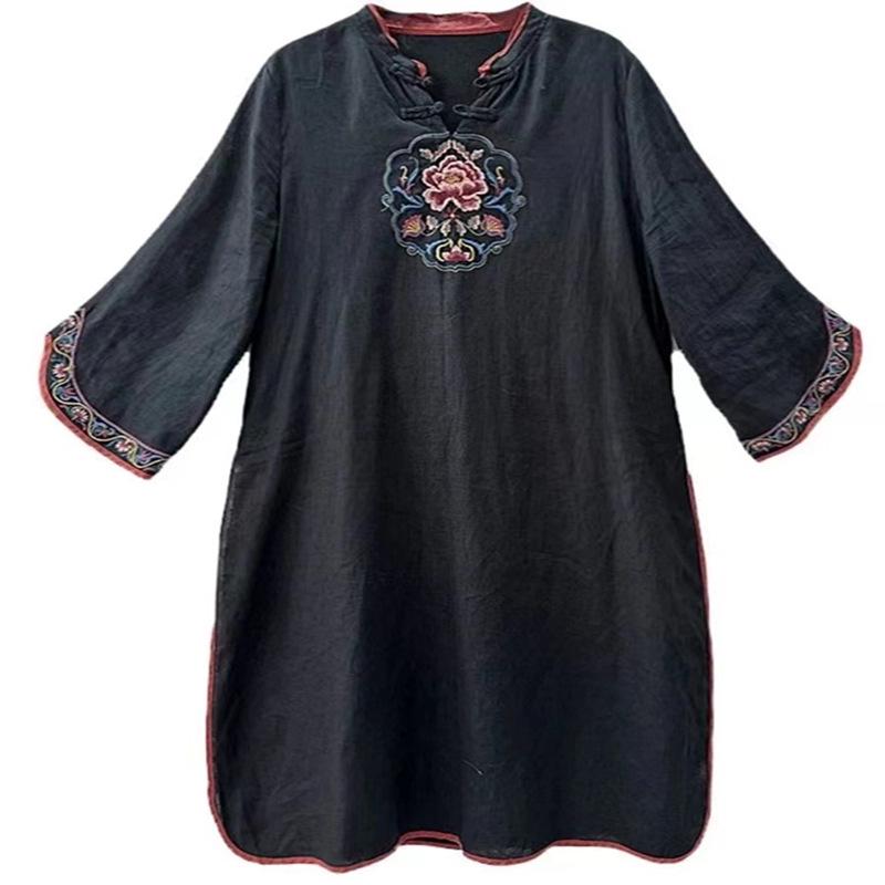 "Embroidered Cotton-Linen Cheongsam Summer Dress"
