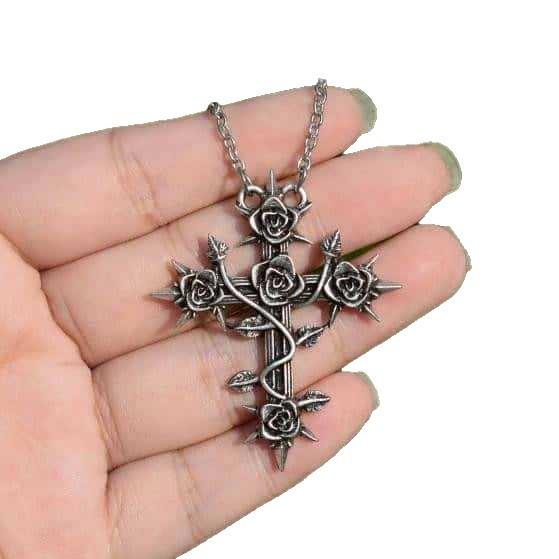 Gothic Cross Pendant Necklace With Dark Rose Design For Men And Women