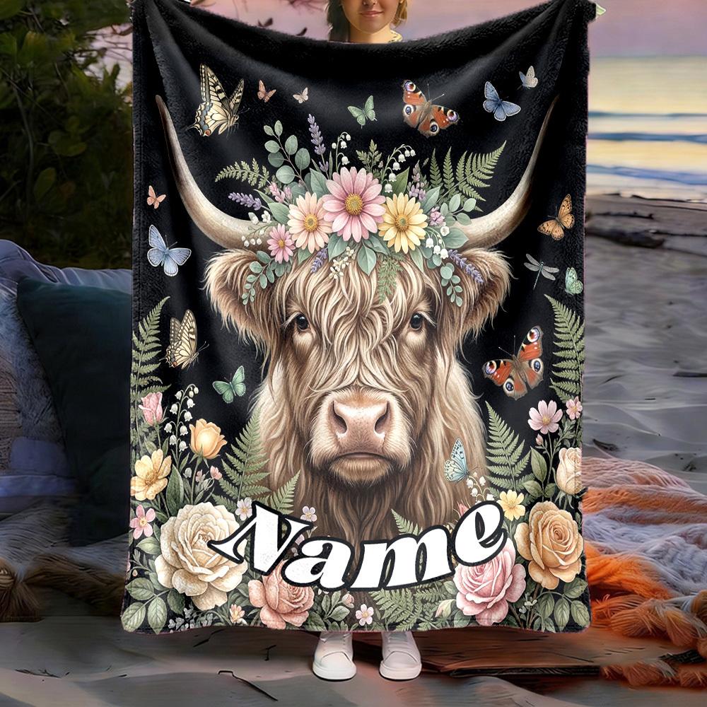 Floral Highland Cow Customize Your Name Outdoor Blanket Comfortable Soft Lightweight Allseason Multipurpose Blanket For Travel Camping Picnics Sofa