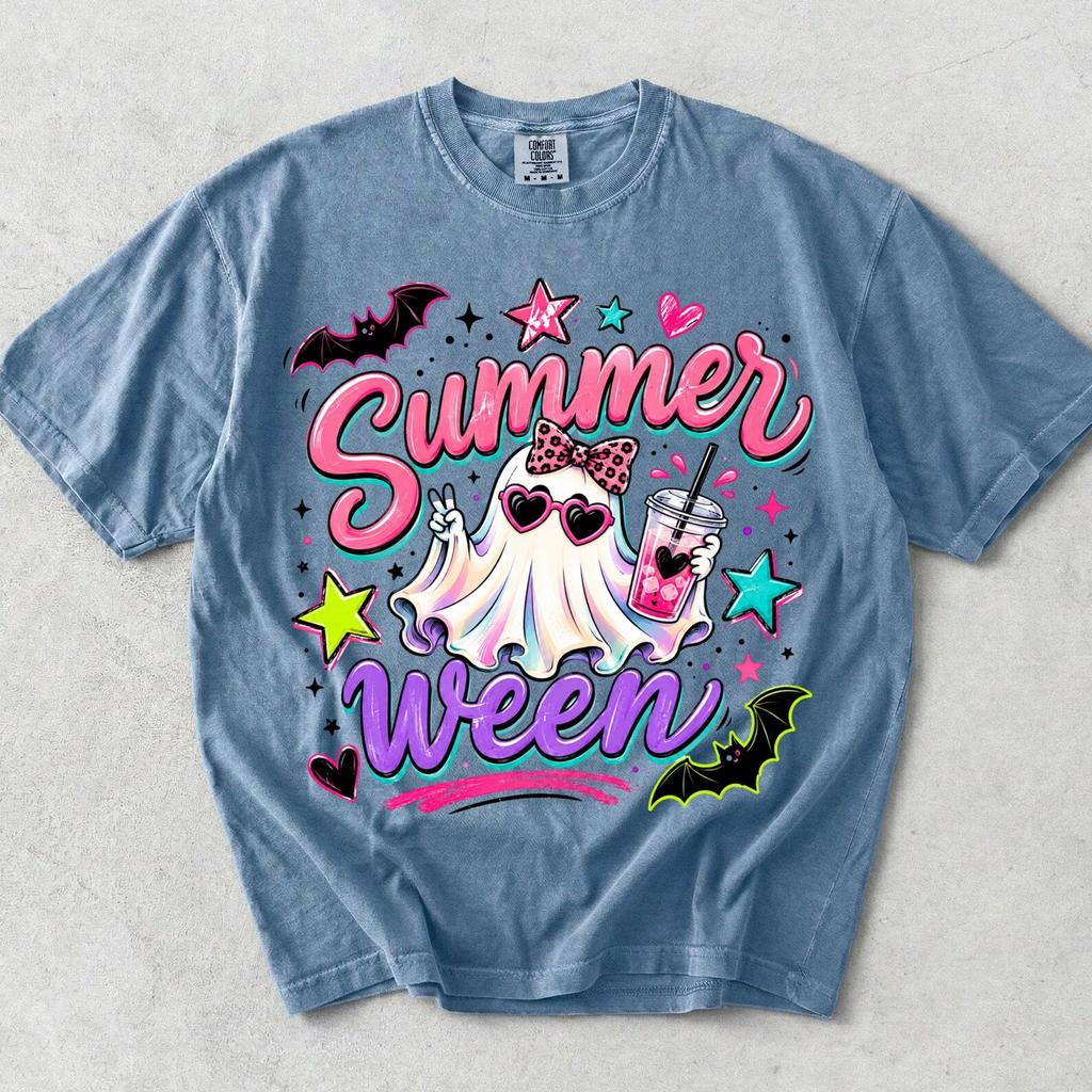 Cute Summerween Shirt, Comfort Colors Tee, Retro Summer Halloween Graphic Top, Girly Ghost Custom Style Tshirt, Spooky Season Beach Wear