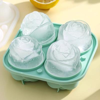New 3D Rose Silicone Ice Mold with Lids 4 Holes Ice Making Molds Easy To Demold Large Size Ice Cube Tray Bar Accessories