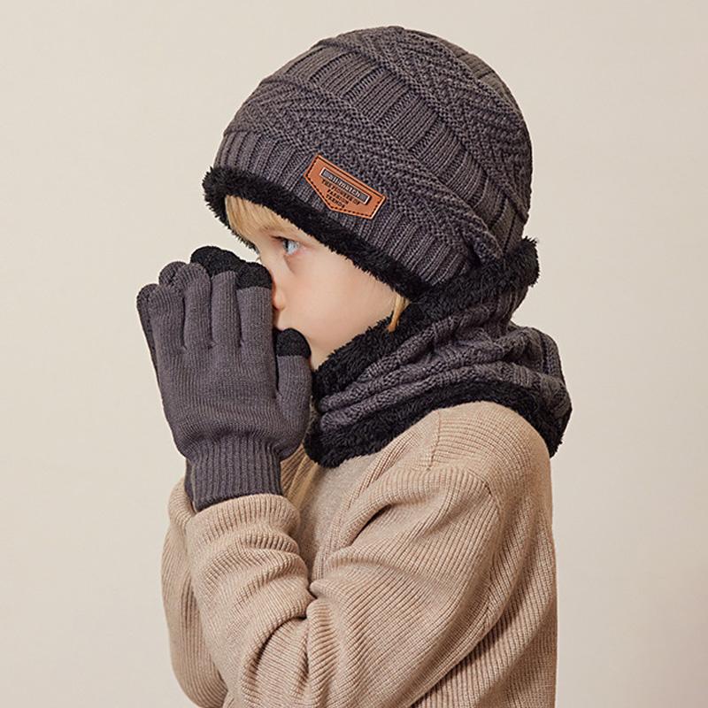 Zestaw Czapka Szalik Rękawiczki Dziecięcy Dzianinowe Wełniane Czapki Plus Aksamit Ciepłe Szaliki na Szyję Moda Zimowa Dzieci Outdoor Odporny na Zimno 3 szt.