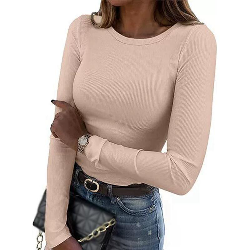 

Women Solid Color Crew Neck Ribbed Stretch Sweatshirt Long Sleeve Top 3XL