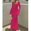 Stile Europeo e Americano Donna Estate Nuovo Texture Bucherellata Scollo a V Fibbia Rotonda Manica Lunga Vacanza Abito Lungo Spiaggia Protezione Solare Scollo a Laccio Gonna Lunga