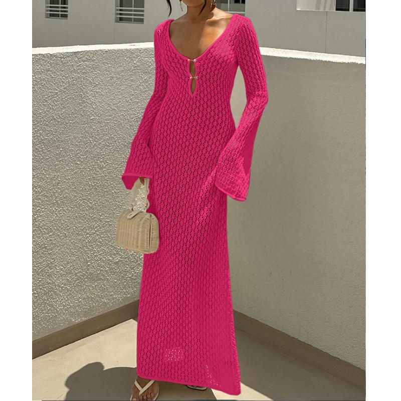 Stile Europeo e Americano Donna Estate Nuovo Texture Bucherellata Scollo a V Fibbia Rotonda Manica Lunga Vacanza Abito Lungo Spiaggia Protezione Solare Scollo a Laccio Gonna Lunga