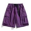 Black Cargo Shorts Pocket Design Adjustable Purple Belt Lightweight Fabric Casual Loose Elastic Waist