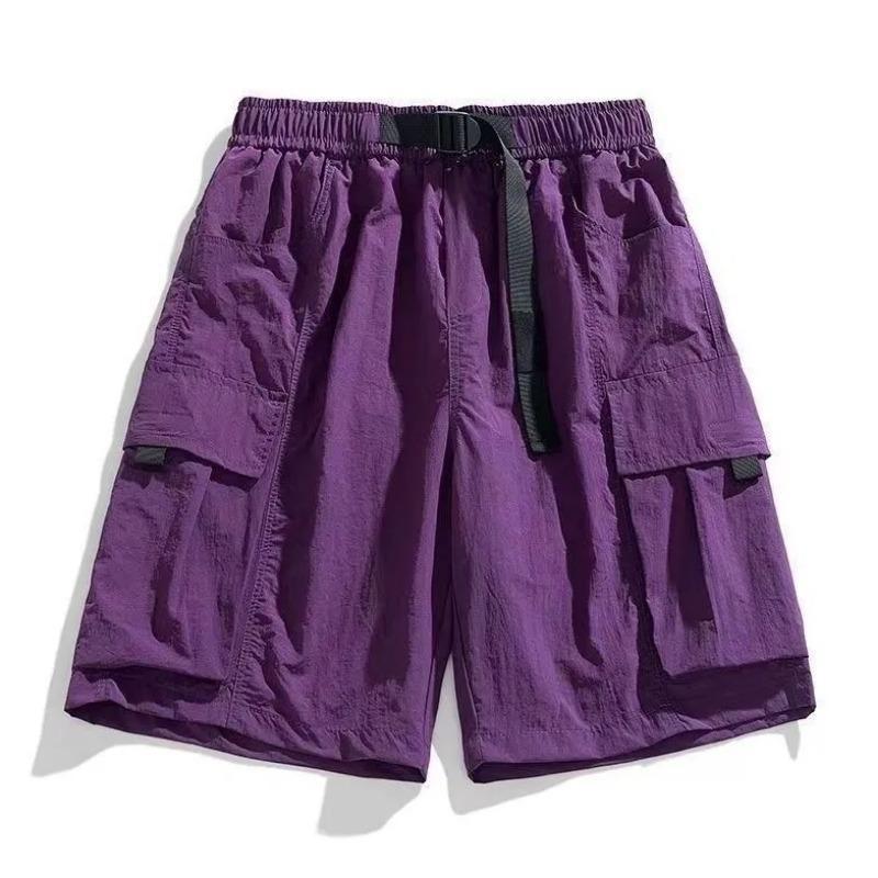 Black Cargo Shorts Pocket Design Adjustable Purple Belt Lightweight Fabric Casual Loose Elastic Waist