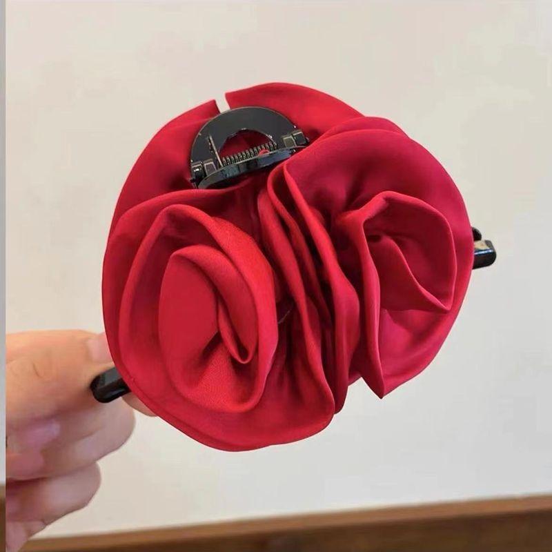 1pc High end satin rose flower claw clip temperament hair clip large elegant back of the head disheveled shark hair