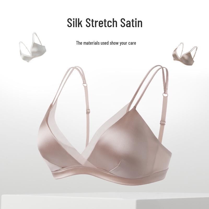 French Silk Satin Wire-Free Bra - Mulberry Silk, Breathable Mesh, Thin Triangle Cup, Lingerie for Large Busts