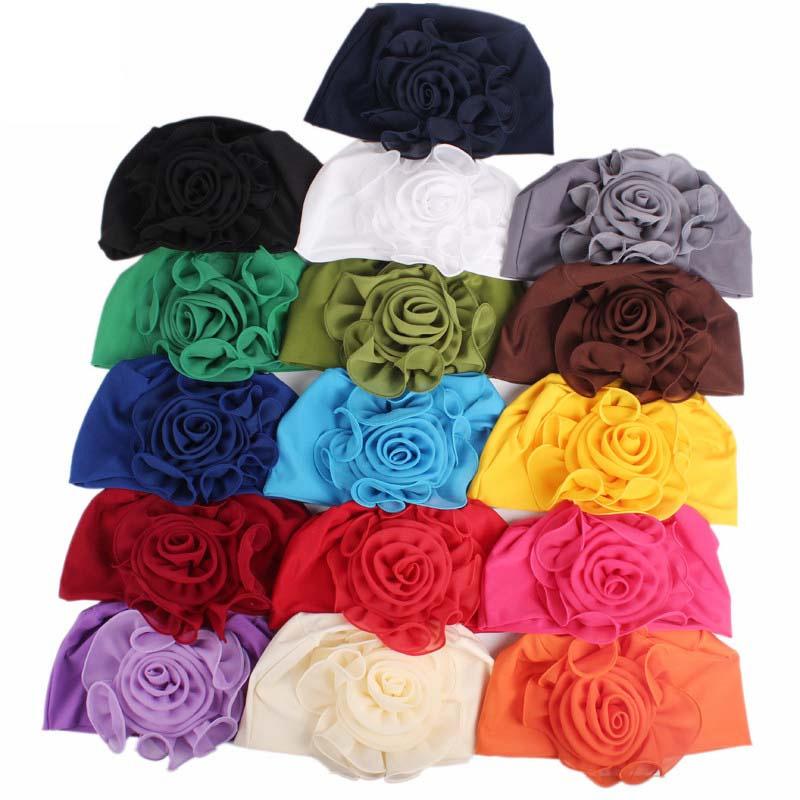 1Pc Head Cap Muslim Head Wraps Women Hair Accessories Solid Color Fashion Turban Hat Elastic Cloth Big Flower