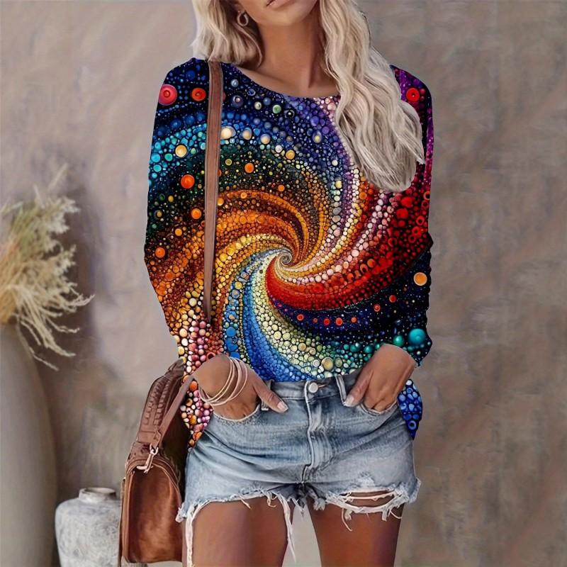 Womens Casual Abstract Print Long Sleeve Crew Neck T-Shirt 3D Effect 2025 Comfort Fit