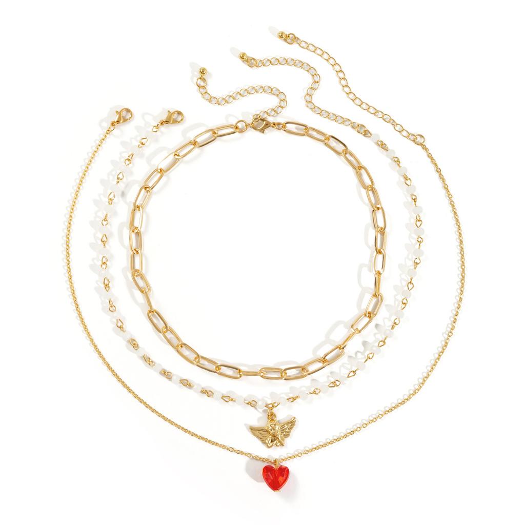 Accessories, Sweet Angel Cross Chain Necklace, Contrast Color Imitation Crystal Heart Multi-layer Necklace for Women
