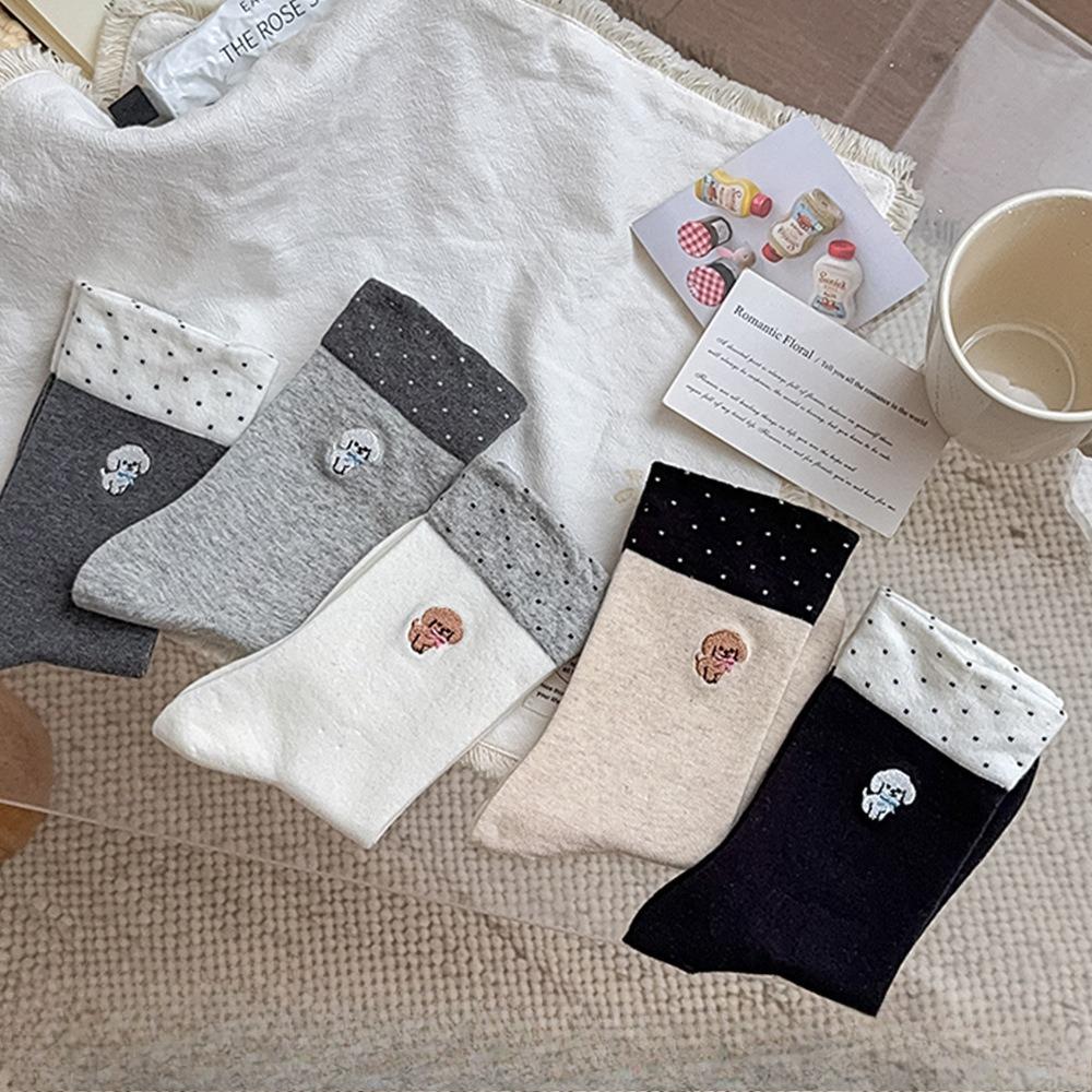 Female Embroidered Puppy Mid-calf Socks for Autumn and Winter, Sweet and Loose Postpartum Socks, Cartoon Socks