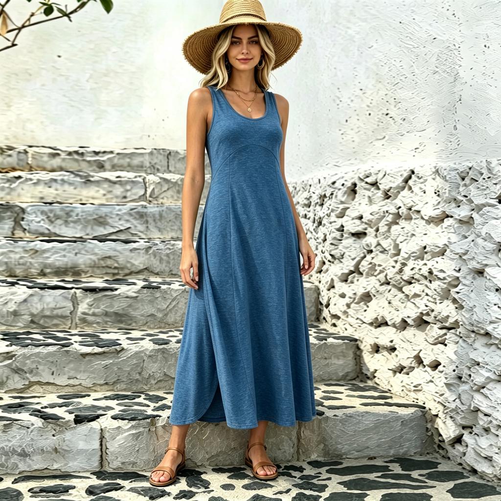 Women's Casual Long Flowing U-Neck Sleeveless Dress for Everyday Wear