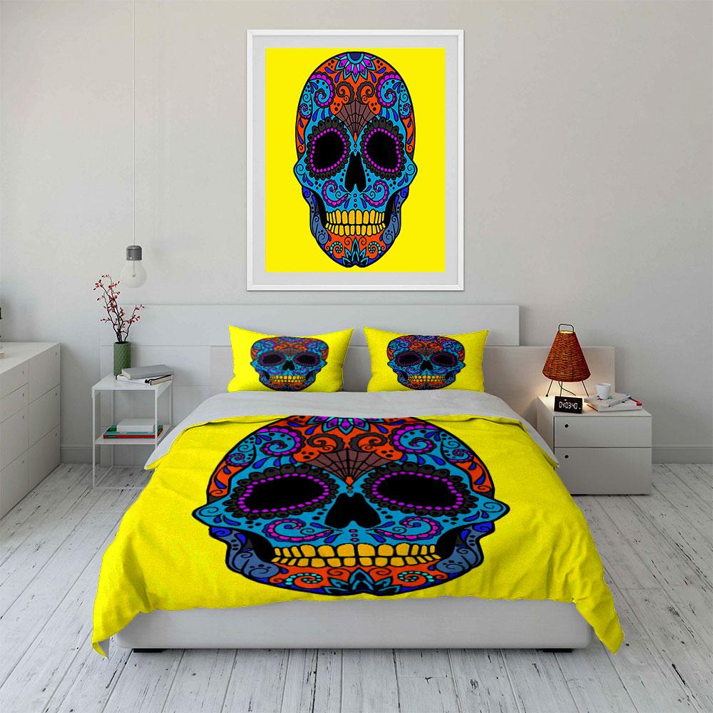 "Colorful Skull Art Decor Set" Soft Skin-Friendly Bedding Set Includes 1 Duvet Cover And 2 Pillowcase Gift