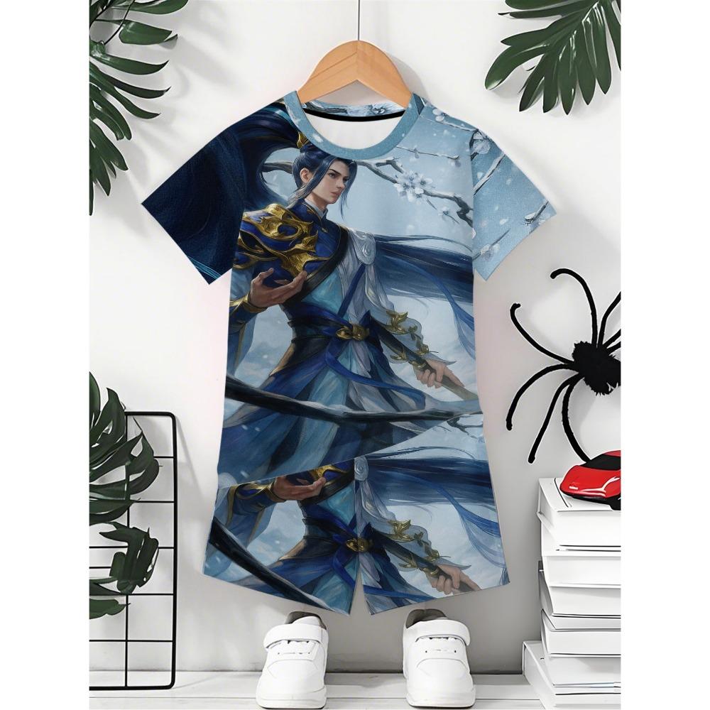 Cool printed casual sportswear, children s short sleeved shorts set, unisex set 5-6Y