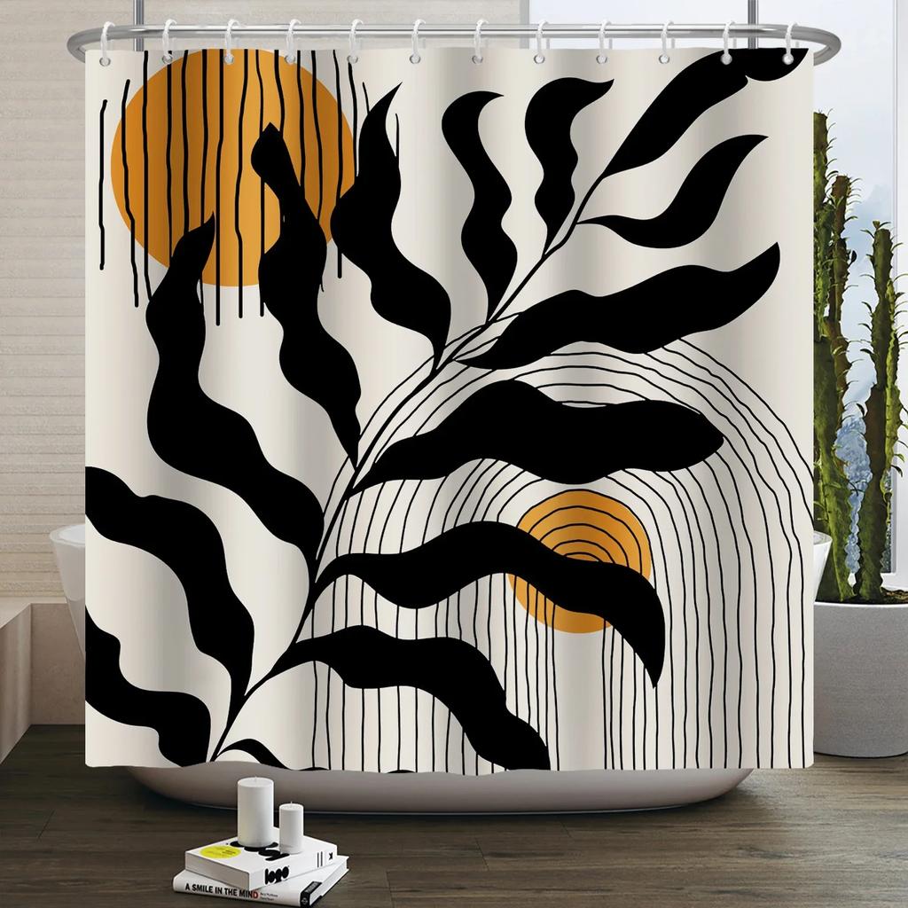 Mid Century Abstrakt Boho Duschvorhang Grünes Blatt Pflanze Modern Bogen Sonne Minimalistisch Nordisch Wasserdicht Badezimmer Badvorhang