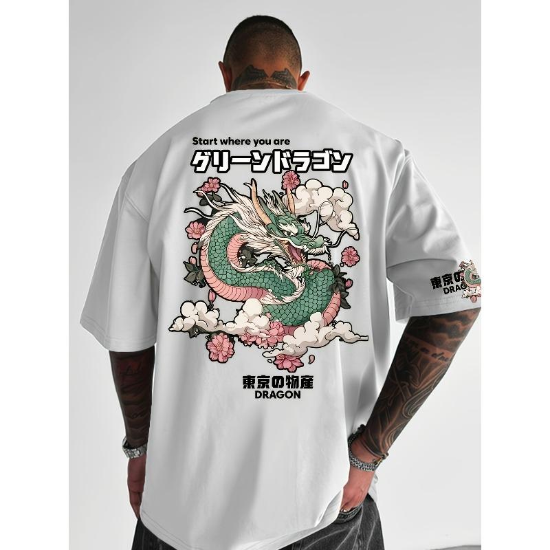 

European sizes A Men S Casual T-Shirt Featuring a Japanese-Style Dragon Print M