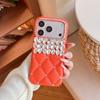 Fashion 3D Grid Glitter Diamond PU Leather Hard PC Phone Case for iPhone Air 16 15 14 13 17 Pro Max Bling Rhinestone Girly Cover