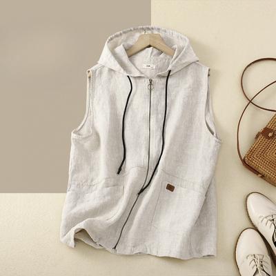 Spring Art Retro Hooded Cotton Linen Casual Loose Sleeveless Vest Short Jacket for Women Vests & Waistcoats Women’s