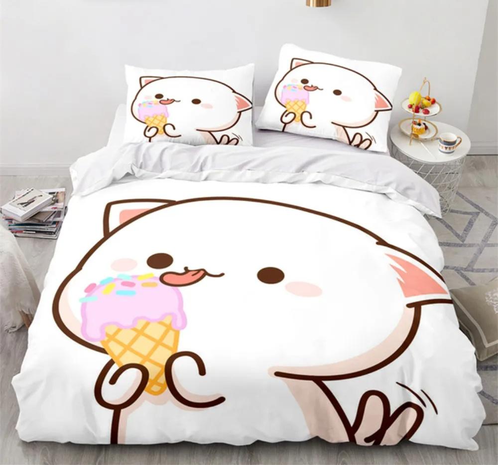 Peach Cat Bedding Quilt Cover Set 3Pcs Bedding Set Goma Cute Cats Duvet Cover Infantil Bedclothes Single Double Queen King Size