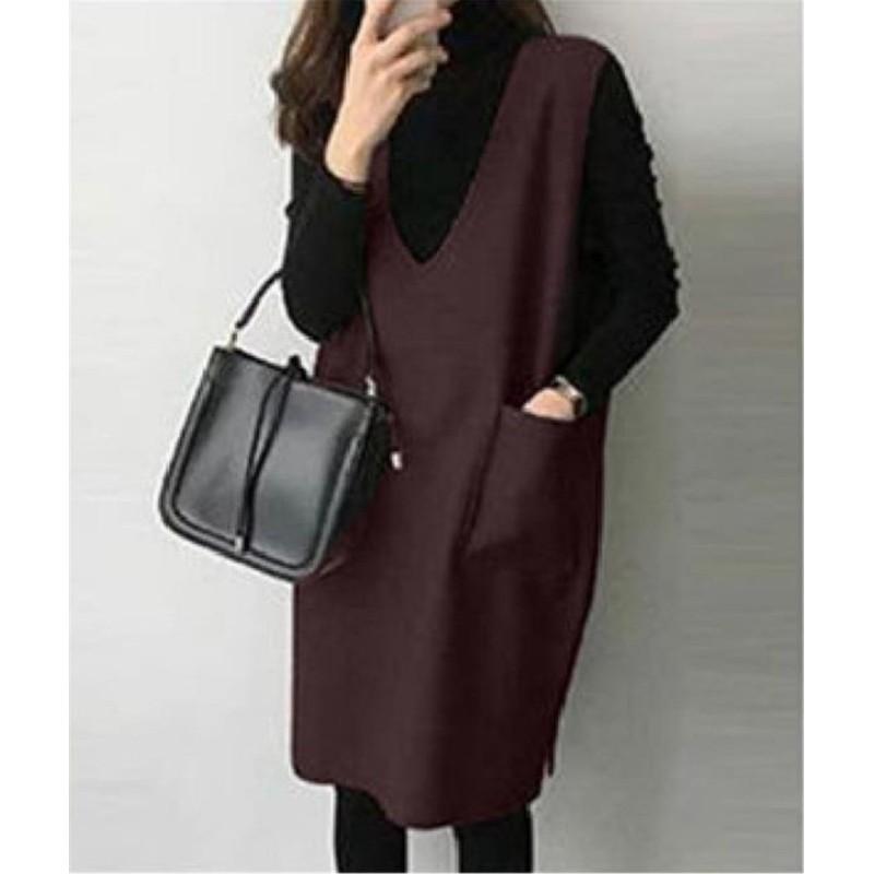 Women's Autumn and Winter Solid Color Loose Vest Skirt Solid Color V-Neck Elegant Commuter Pullover Dresses