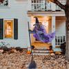 170cm Halloween Flying Witch Decor Halloween Animatronic Witch on Broom with Light-up Eyes and Scary Sound for Yard House Decor