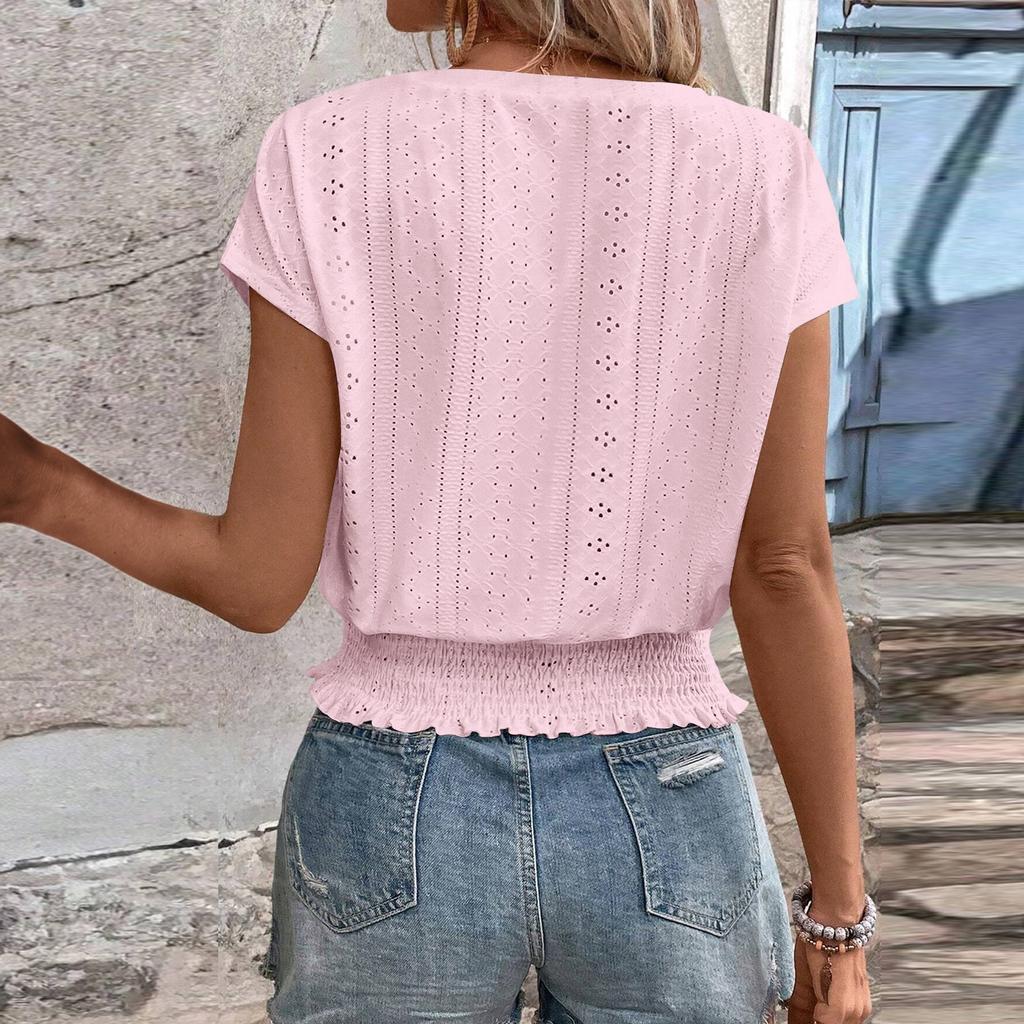 Damenmode V-Ausschnitt Farbe Hohl Kurzarm Oberteil T-Shirt Sommer