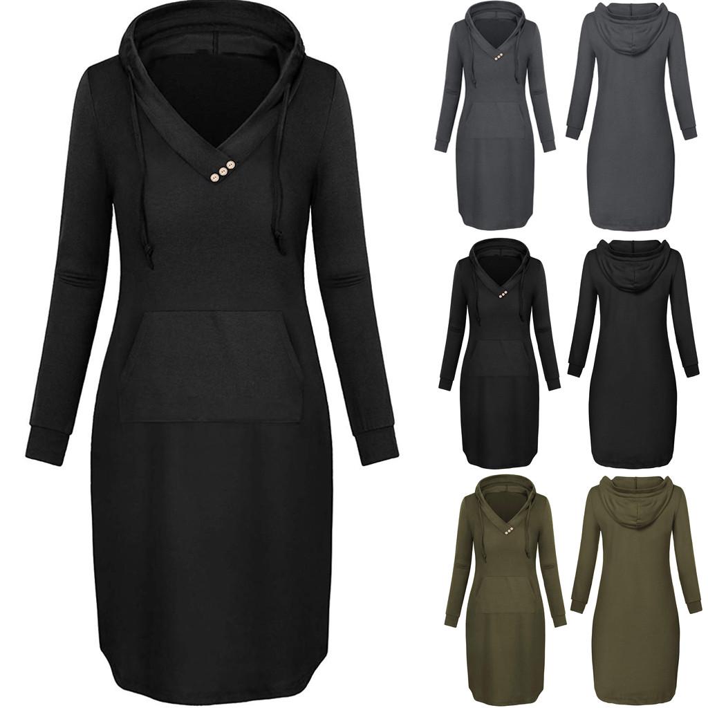 

Женское однотонное платье-толстовка с капюшоном и длинными рукавами, пуговицами, укороченными карманами и шнурком