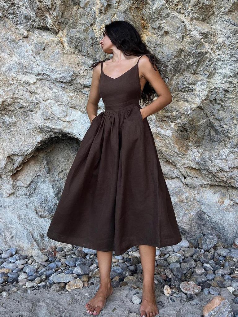 European Cross 2024 Pure Cotton V-neck Spaghetti Strap Midi Dress with Lace-Up Open Back